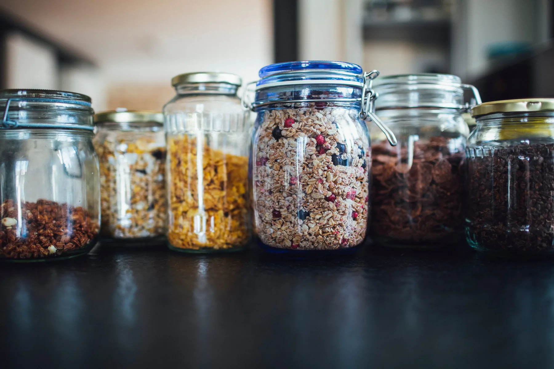 Dry food ingredients stored in glass jars